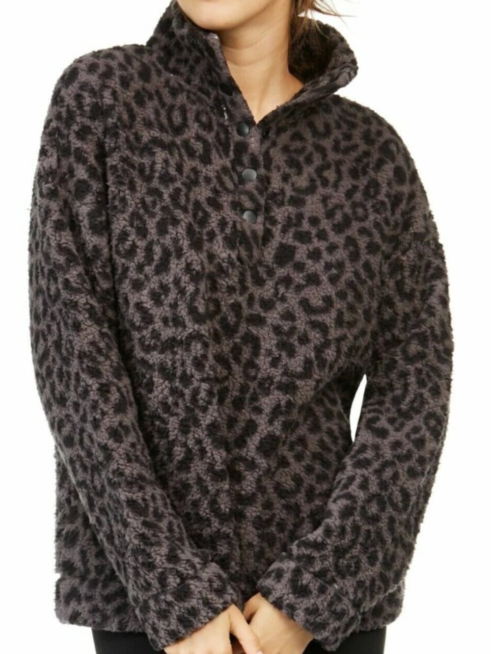 Jenni Women's Soft Faux Sherpa Cozy Pullover Lounge Top, Gray Leopard, XS